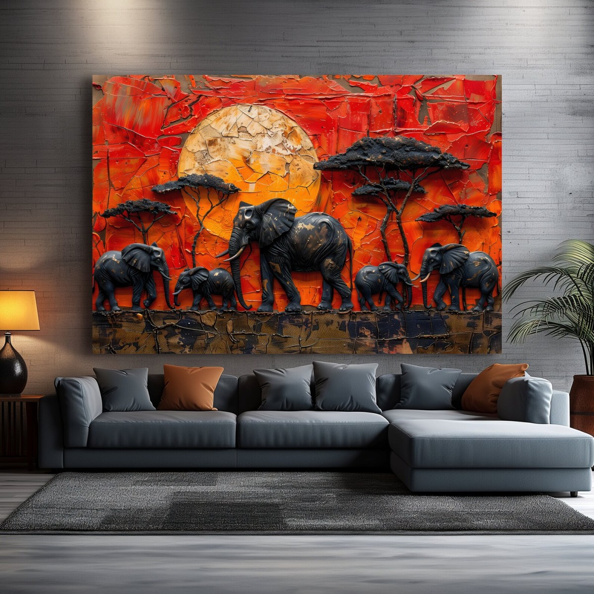 3D Afrika Fili Empasto Resmi, Dokulu Tuval Duvar Sanatı