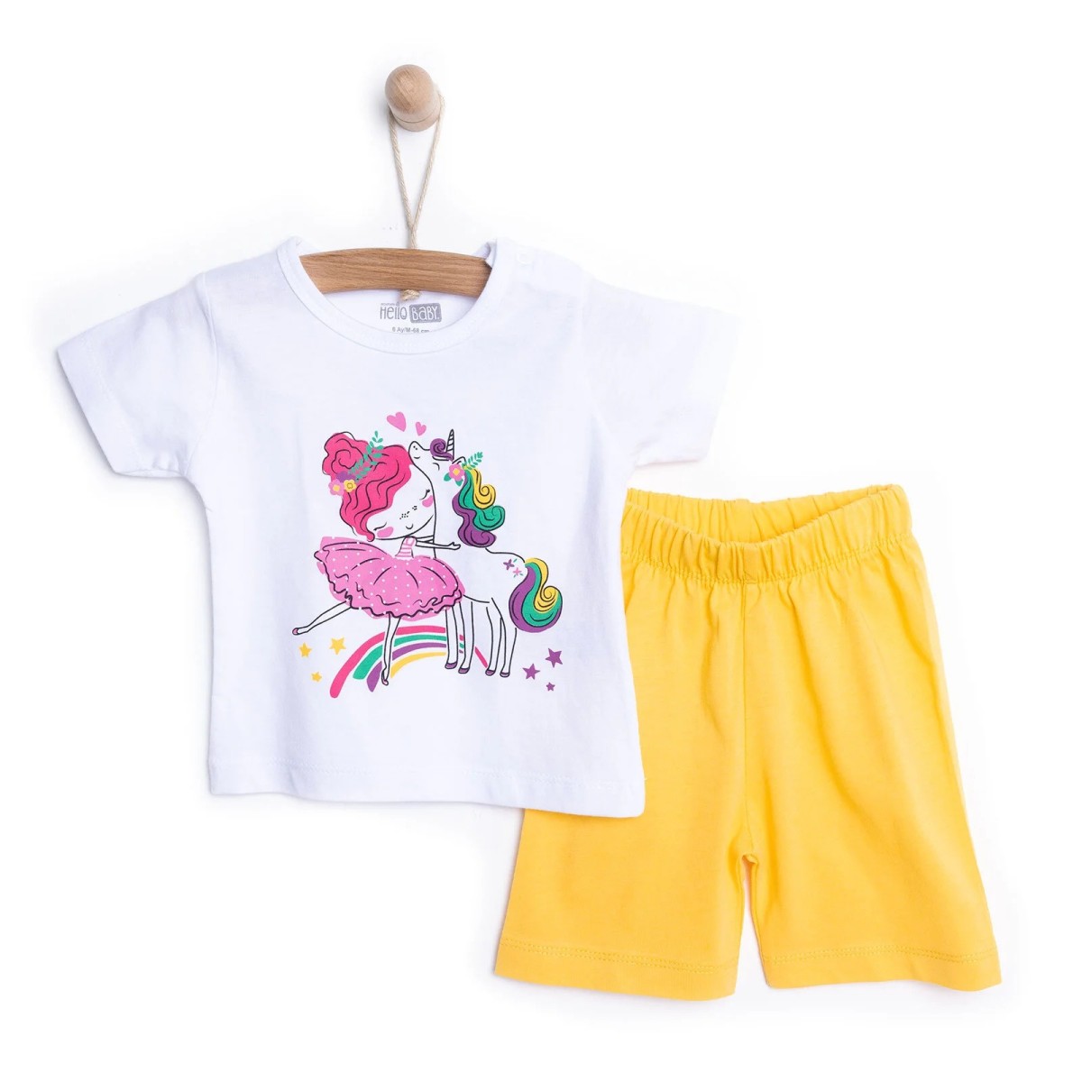HelloBaby Kız Bebek Pijama Takımı Bisiklet Yaka Reçme Paça Kısa Kol Beyaz