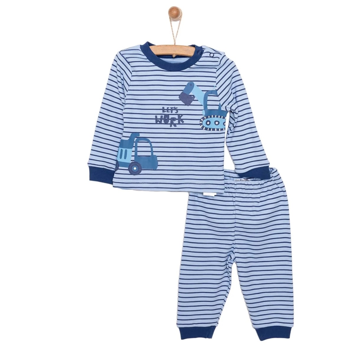 HelloBaby Erkek Bebek Pijama Takımı İnterlok Kepçe Desenli Bisiklet Yaka Ribanalı Paça Uzun Kol Koyu Mavi