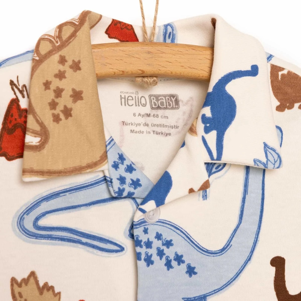 HelloBaby Erkek Bebek Pijama Takımı İnterlok Dinozor Desenli Gömlek Yaka Reçme Paça Uzun Kol Ekru